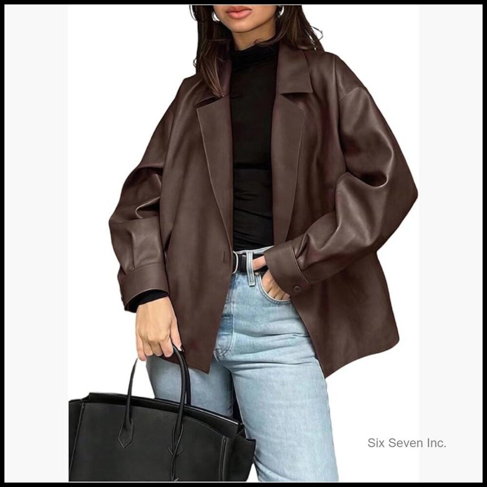 Faux Leather Lapel Collar Blazer Open Front Oversized Business Work Jacket
